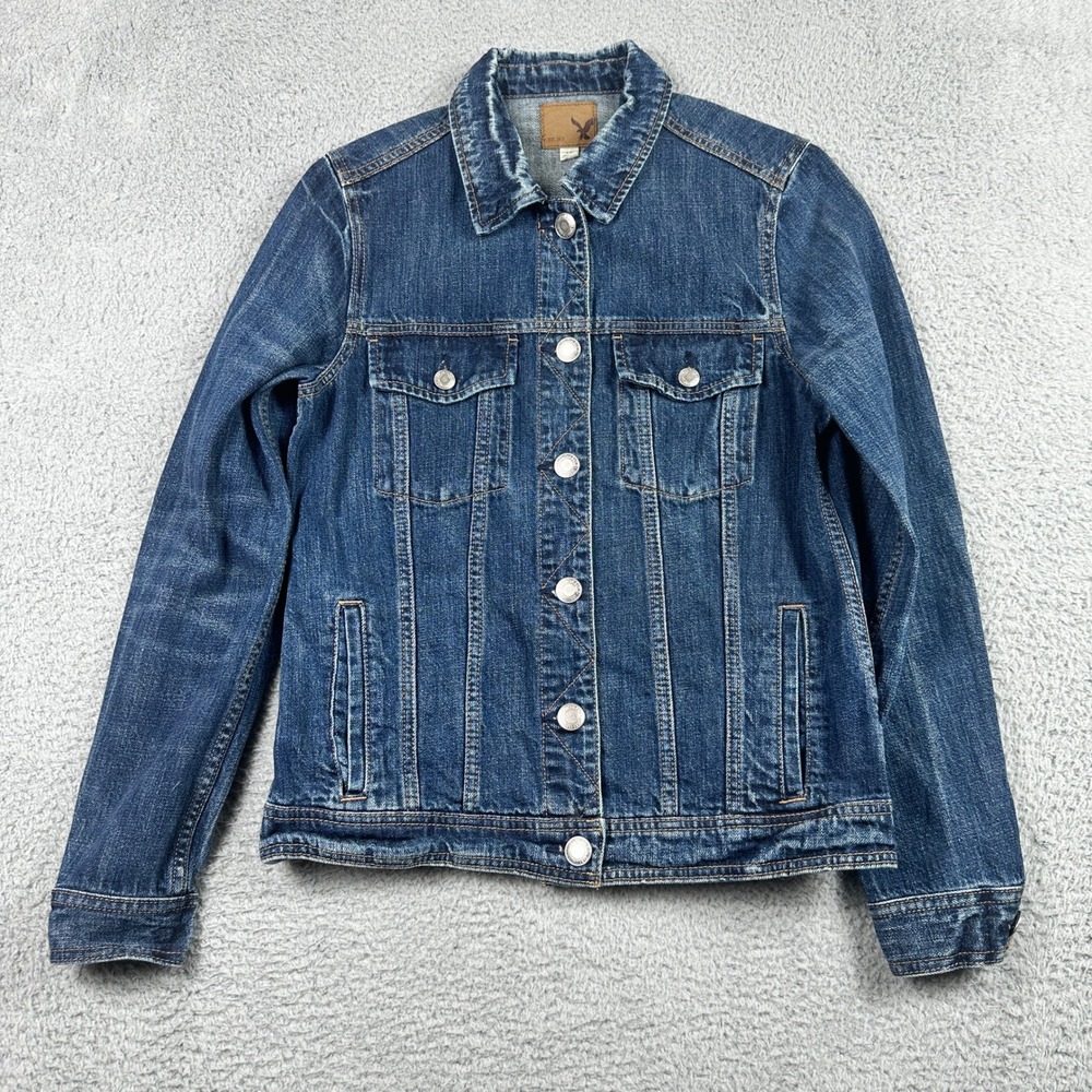 American Eagle Denim Trucker Jacket Womens Small Blue Cotton‎ Dark Wash Classic